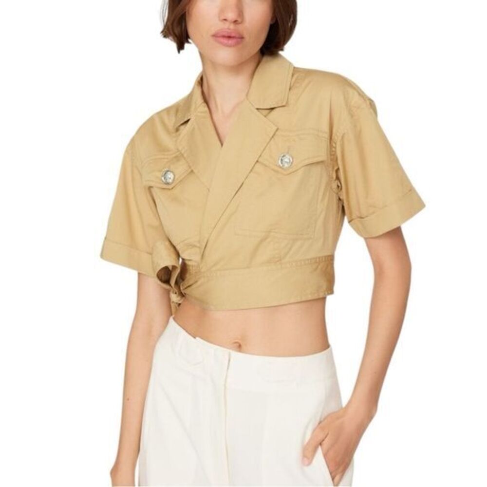 Derek Lam Collection Women's Cropped Wrap Jacket Khaki Military Utilitarian Sz L